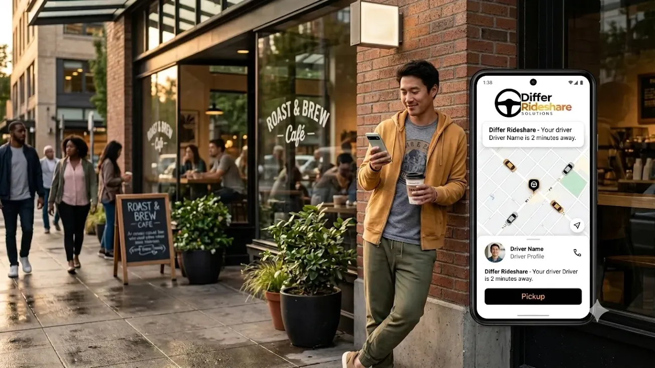 Rider tracking their Differ driver on the app outside a café